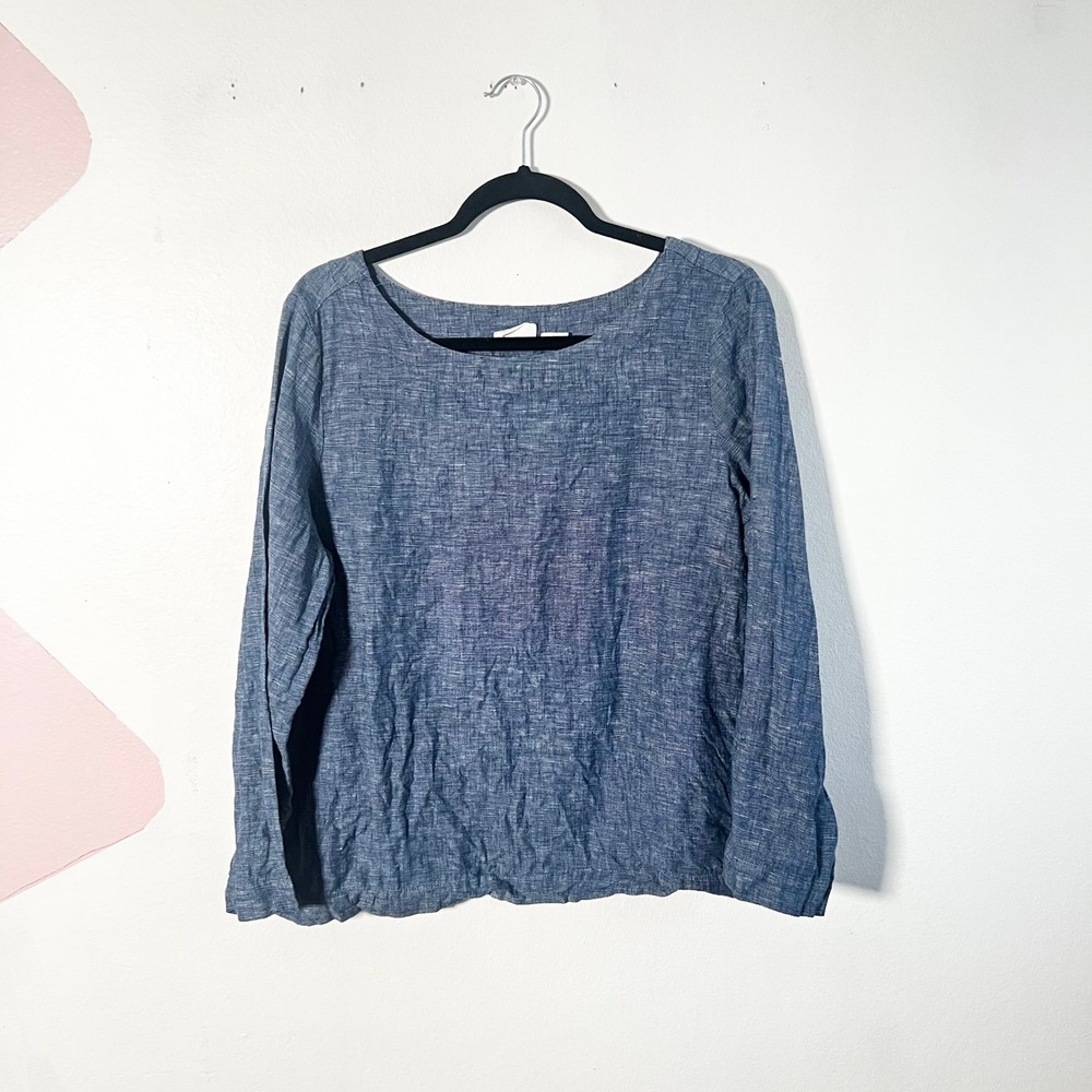 Sigrid Olsen 100% Linen Top Women's Large Blue Long Sleeve Boat Neck